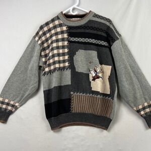 Cotton Traders 90s Sweater Mens Medium Gray Patchwork Mallard Duck Embroidered